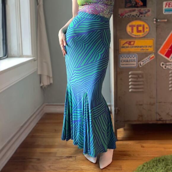 Vintage 90s Mermaid Maxi SkirtAbstract Swirl PrintY2K Blue GreenSize S